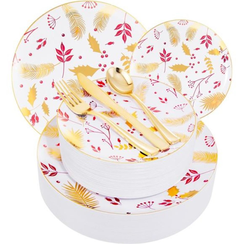 150PCS Thanksgiving Plates - Gold Plastic Plates with Berry and Leaves Design
